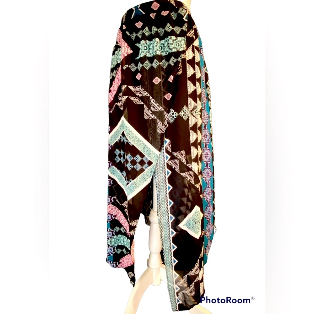 NWT - Express colorful geo print midi / sheer layered open-slit skirt